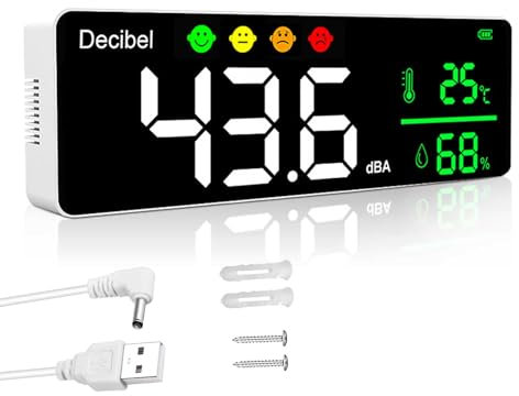 Fonometro 30~130dB 11 Display LCD Digitale Fonometro Professionale a Muro Misuratore di Livello Sonoro Decibel/Temperatura/Umidità con Allarme e USB Cavo per Casa Ufficio Scuola Bar Fabbrica