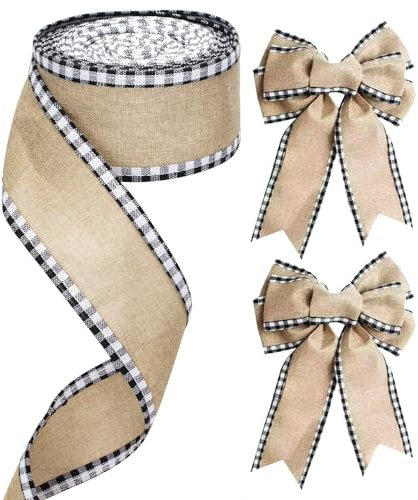 G2PLUS Weihnachten Juteband mit Draht, 6.4CM Breit Geschenkband zum Basteln, 10M Sackleinen Band mit Schwarz und Weiß Kariertes, Weihnacht Dekoband Verdrahtet für Geschenk, Kranz, Weihnachtsbaum