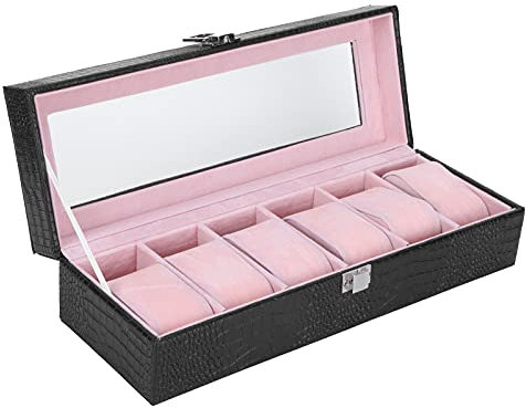 JYCRA Uhrenbox mit 6 Fächern, Schwarzes PU-Leder, Armbanduhr-Vitrine, Organizer mit Rosa Liner, Uhren-Vitrine für Männer und Frauen
