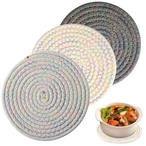 Pot Holders for Kitchen, 3 Stück Topfuntersetzer Set, 18cm Tischsets 3 Farben Runde Geflochtene Untersetzer Topf, Baumwolle Faden Weben Matte, Isolierte Platzsets für Töpfe, Pfannen und Teller