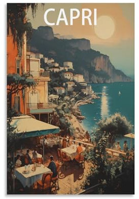 PuPLuM Vintage-Reiseposter Capri, Italien-Küste, Querformat, 50 x 75 cm, Leinwand, Wandkunst, Poster für Wohnzimmer, Dekoration, Gemälde für Heimdekoration