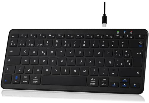 Qulose Teclado Bluetooth Español, Teclado Recargable USB-C con Teclas Rápidas Multimedia, Ergonómico Ultra-Delgado para iOS, Android, Windows, iPad, iPhone-Negro