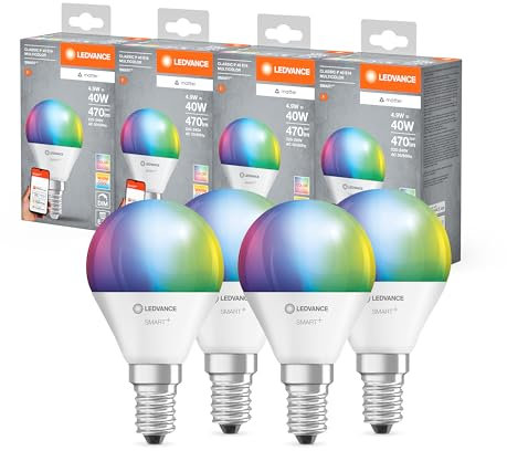 Ledvance SMART+ MATTER LED-Lampe, kompatibel mit Google, Alexa, Apple, weiße Frost-Optik, 4,9W, 470lm, E14, Farblicht & Weißlicht, App- oder Sprachsteuerung, bis zu 20.000 Std. Lebensdauer, 4-Pack