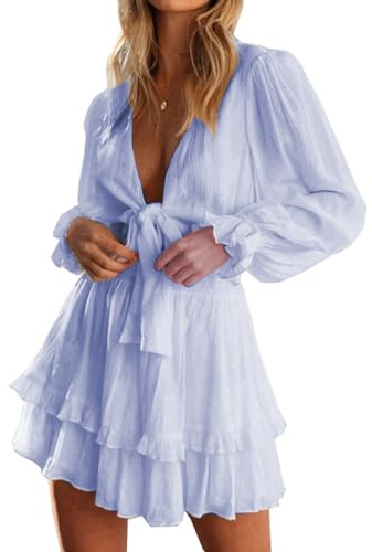 PHENHU Women's Dress Deep V-Neck Long Sleeve Knot Front Ruffle Hem Casual Short Dress (UK, Alpha, M, Regular, Regular, Blue 02)