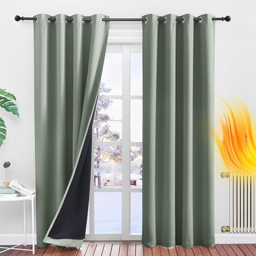 PONY DANCE 100% Blackout Double-Layer Curtains with Liner - Thermal 52x84 Inch Long Curtains for Bedroom Living Room, Energy Energy & Noise Reducing, Sage Green Grommet Blackout Drapes, 2 Panels