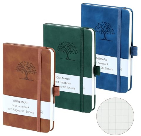 HOMEMARS Notizbuch A6, 3 Stück Notizbücher Set, a6 Kariert, 14.4cm x 9.6cm Notizblock, Braun, Grün, Blau, Kariert, 192 Seiten, Notizheft, Notizblock, Reisetagebuch, Notizbuch Leder, Prägebaum Design