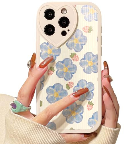 NITITOP Compatible for iPhone 13 Pro Case Cute Flower for Girls Women Floral with Love Lens Bumper Protector Soft TPU Shockproof Protective Girly - Blue Flower