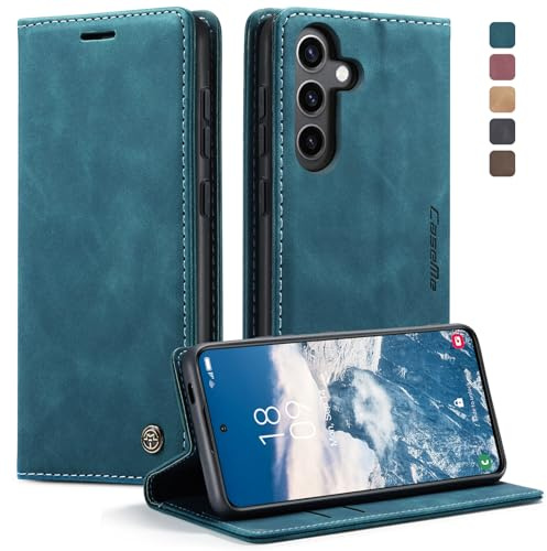 KZB für Samsung Galaxy S24 FE Hülle, Magnet Leder Klapphülle Stoßfest | Retro PU Leder, 2 Kartenfach, Standfunktion, Schutzhülle, Flip Case, Handyhülle für Galaxy S24 FE 5G 6,7'', Blaugrün