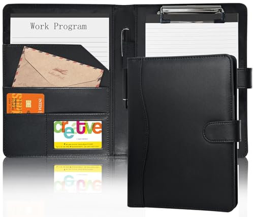 A5 Schreibmappe mit Klemmbrett,Portfolio Leder Organizer A5 Konferenzmappe Geschäftsmappe Persönlicher Notizblock,mit Kartenhalter,Stifthalter,Ablagefach,Magnetschnalle(Schwarz)