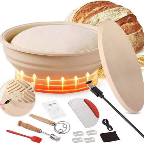Sauerteig-Starter-Wärmer-Set, 23 cm großer, faltbarer Gärkorb aus Silikon, 30–46 °C, einstellbare Temperatur, Teiggärer, selbstgemachtes Werkzeug, zur Herstellung von Brot, Joghurt, Pizza und Teig