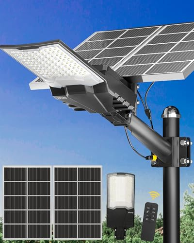 Ofuray OL-18200W Lampadaire Solaire Extérieur puissante, Haute Luminosité | 6500K Projecteur LED Solaire, IP67 Étanche Eclairage Lampe Solaire Exterieur pour Jardin, Cour, Garage
