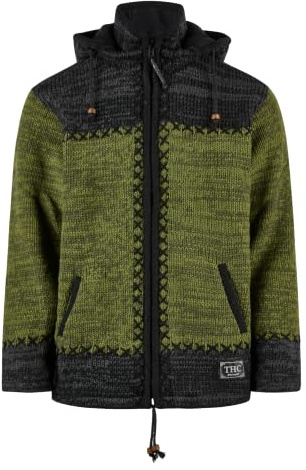 THC Natural Line Handgefertigte Schafwolljacke Damen & Herren – Strickjacke im Kontrast-Design mit warmem Fleece-Futter – Grün Anthrazit 520 – Windabweisende Wolljacke mit abnehmbarer Kapuze