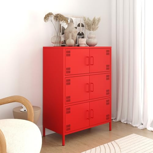 furni24 Metall Sideboard – Küchenschrank mit Türen und verstellbaren Ablagen – Leicht zu reinigen – Robuste und stilvolle Aufbewahrungslösung für Küche, Wohnzimmer und Esszimmer- mit 6 Türen, Rot