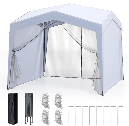 GOPLUS Tonnelle Jardin Exterieur Pliant 3 X 3 M, Tente de Réception avec Moustiquaire, Parois LatéralesAmovible Hauteur 2,65/2,75 M, Facile à Monter pour Fête, Pique-Nique, Camping (avec Voile|Blanc)