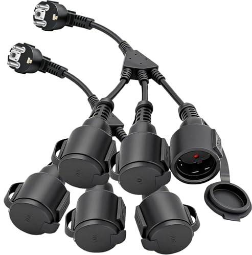 2Stück 3 Schuko Mehrfachsteckdose Outdoor, mit Klappdeckel, Schuko Steckeradapter Verlängerungskabel Kurz, 250V/16A 3000W, 3 Fach Stecker Außen für Garten, Terrasse, Camping & Werkstatt