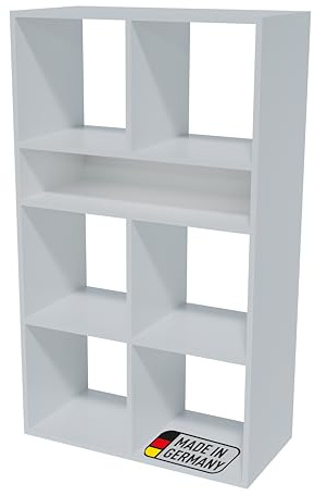 BadeDu Ward Regal mit 7 Fächern in Weiß – Perfekt für Büro & Zuhause, Raumteiler mit 72cm Breite, Bücherregal 123cm Höhe, Holzregal stapelbar mit Anderen Produkten der Serie, Made in Germany