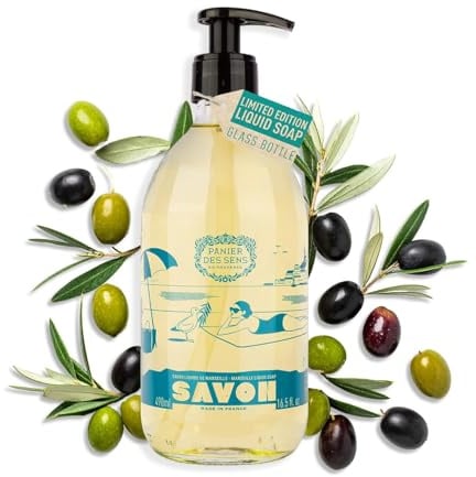 Panier des Sens Oliven Handseife flüssig 490ml Savon de Marseille Seife | Limitierte Edition Flüssigseife in Glasflasche, 98% natürlich mit Olivenöl, Arganöl & Kokosöl, Sanfte tägliche Reinigung