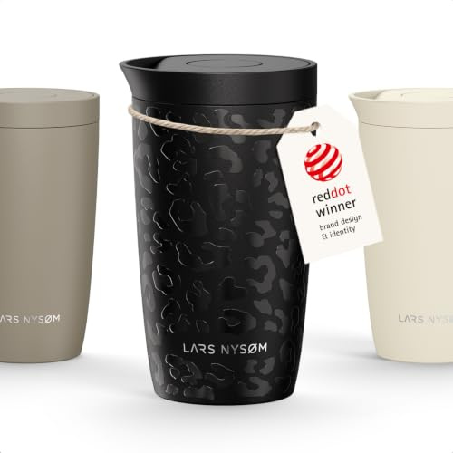 LARS NYSØM Thermo Kaffeebecher to go 350ml | Travel Mug 0,35L isoliert | Quick-Press-Trinkdeckel | Auslaufsicherer Edelstahl Thermobecher für Kaffee und Tee unterwegs (Black/Leopard/Black, 350ml)