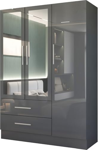 MN Furniture High Gloss 3 Door Hinged Wardrobe with Mirror, Drawers Shelves & Hanging Rail, Freestanding Bedroom Storage (Grey, 120cm)