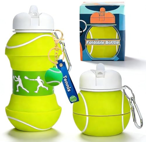 GVMJHYK Botella de Agua de Tenis Plegable 550ml - Silicona Deportiva, Sin BPA, Sports Botella - con Llavero para Entrenamiento - Regalo para Tenistas