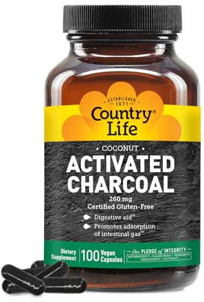 Country Life Coconut Activated Charcoal Capsules, 260mg – Natural Charcoal Supplement for Gas and Bloating Relief - Gluten-Free, 100 Vegan Capsules