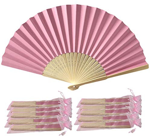 Soft Pink Hand Fans, Pack of 10 Wholesale Paper Hand Fan with Bamboo Ribs Wedding Party Favour Church Gifts ngebow PHF04