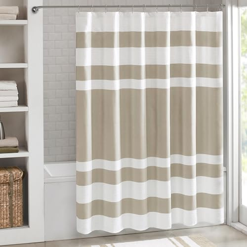 Madison Park Shower Curtain, Waffle Weave, Pieced Design Fabric Shower Curtain with 3M Scotchgard Moisture Management, Premium Spa Quality Modern Shower Curtains for Bathroom, Wide 108x72 Taupe