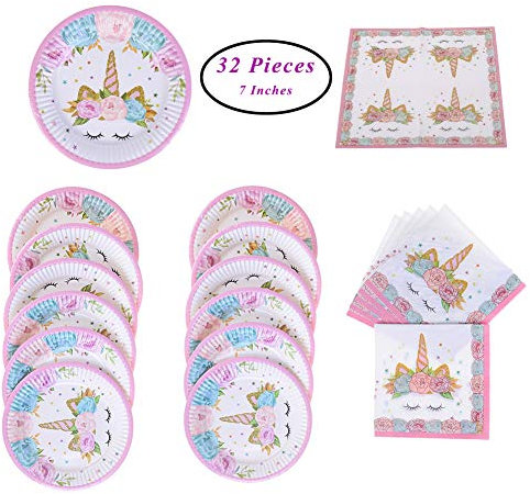 SUNSHINETEK Juegos de Platos y servilletas de Papel de Unicornio Artículos de Fiesta temáticos de 32 Piezas Accesorios para niños Fiesta de cumpleaños Baby Shower Sirve (para 16 Invitados)