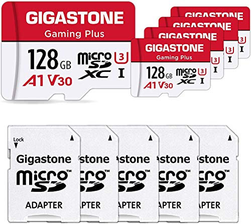 GIGASTONE Scheda di Memoria Micro SDXC da 128 GB Set da 5, Gaming Plus Serie, A1 U3 V30, Velocità Fino a 100/50 MB/Sec(R/W) con Adattatore. per Telefono, Fotocamere, Camera, Tablet, Gopro, Switch 1