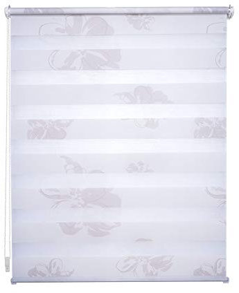 Klemmfix Doppelrollo weiß mit Druck Blume - Breite 40 bis 120 cm, Länge 150 cm BZW. 210 cm - Duo - Rollo ohne zu Bohren (50 x 150 cm)