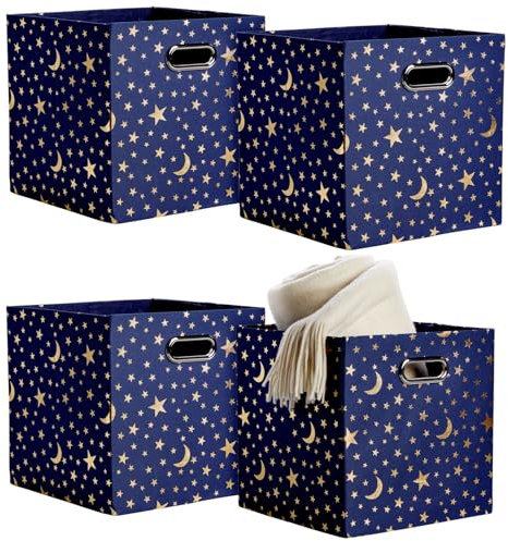 Okuna Outpost 4 Pack Star Storage Cubes, Collapsible Foldable Fabric Organizer Baskets for Clothes, Toys, Gold Moons and Stars (11 In)