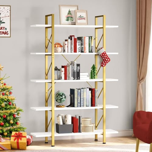 YITAHOME 5-Tier Gold Bookshelf, Artsy Modern Freestanding 5 Shelf Bookcases and Bookshelves, Book Rack, Storage Rack Shelves for Living Room Home Office, Gold & White