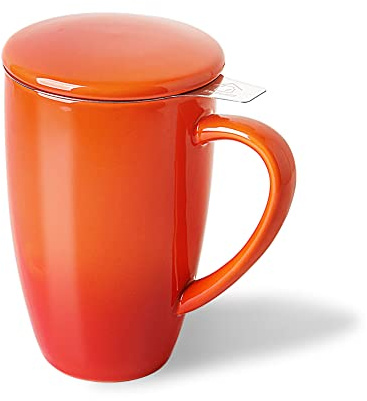 Sweejar Porcelain Tea Mug with Infuser and Lid,Teaware with Filter, Loose Leaf Tea Cup Steeper Maker, 16 Fl Oz for Tea/Coffee/Milk/Women/Office/Home/Gift (Gradient Orange)