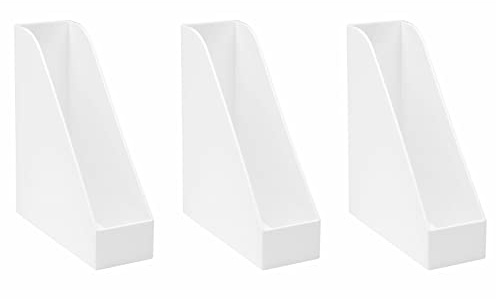 Osco Plastic Magazine Rack File Sorter, Extra-Wide Desk Floor File & Magazine Holder, Thick Premium Plastic Display for Office, Home, Study - White (3-Pack)