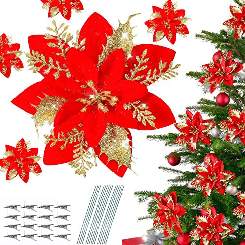 16 Piezas Flores Poinsettia Brillante de Navidad,Flores de Navidad con Clip,Brillantes de Decoraciones de Flores de Navidad Adornos de Año Nuevo Árbol de Navidad Boda(Oro Rojo)