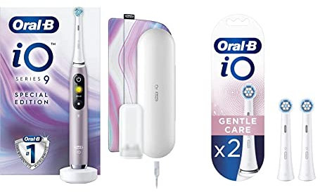 Oral-B iO9 Electric Toothbrush, Christmas Gifts for Women/Men, App Connected Handle & iO Gentle Care Electric Toothbrush Head, Pack of 2, White