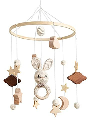 EXQULEG Babybett Mobile Baby Windspiel, Wolken und Kleiner Hase Hängende, Holz Mobile Baby Kinderzimmer Hängende Bettglocke, Geschenk für Baby Mädchen oder Jungen, Rassel Spielzeug (B)