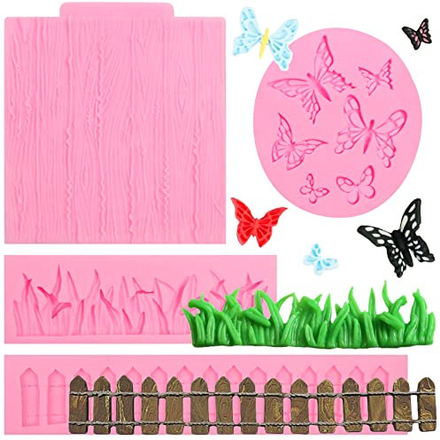 Green Grass Wood Grain Silicone Molds 4 Pcs, Garden Picket Fence Butterfly Chocolate Fondant Mold for Cake Decoration Candy Cupcake Topper Birthday Party Polymer Clay Crafts