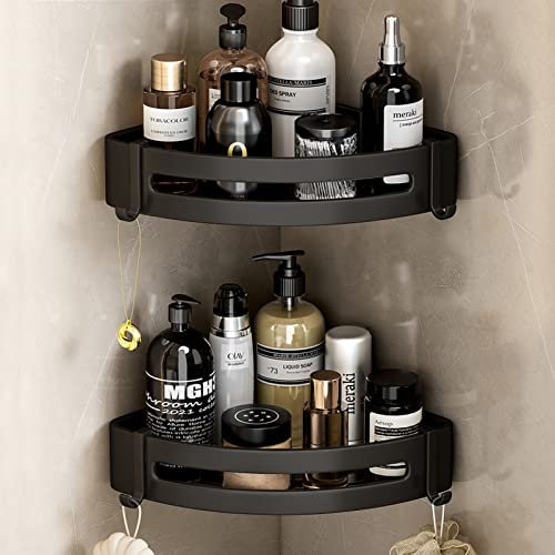 Nchdewui Duschablage ohne Bohren, 2er-Pack Duschregal mit 2 Haken für Bad Küche Toilette, Aluminium, Matt Schwarz (2 Schwarz Eck)