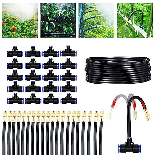 Kit de riego por goteo de invernadero, sistema de riego automático para patio, sistema de riego de plantas con manguera de distribución en blanco, boquilla de pulverización de latón ajustable,