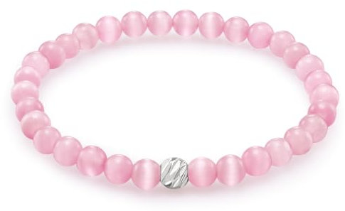 day.berlin Damen Perlenarmband Neo, Pink Opal Naturstein Armband mit 6mm Edelsteinen, flexibles Zugband 17cm lang, handgeknüpft mit Strass Perle