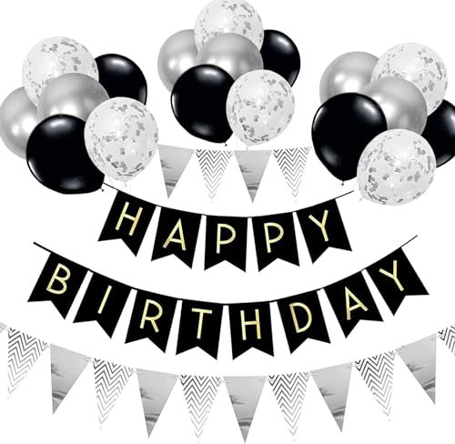 Luftballons Geburtstag Dekoration Set, Schwarz Silber Geburtstagsdeko Happy Birthday deko Banner Party Deko Geburtstag Set mit Silber Luftballons Konfetti Ballons Dreiecksflaggen Girlanden(S+SJQ)