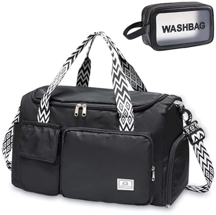 Small Gym Bag for Women, Travel Duffle Bag Carry On Weekender with Shoe Compartment, Black