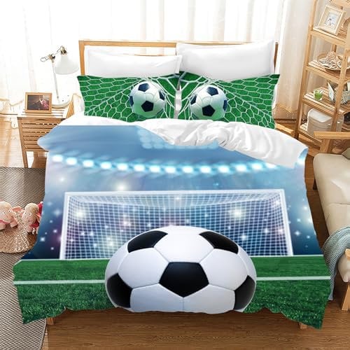 Leleyouzer 3D Fussball Bettwäsche 200×200 cm,Fußball Bettwäsche Set für Jungen Kinder,Weiche Mikrofaser Bettwäsche 3-teiliges Set mit 2 Kopfkissenbezügen 50 x 75 cm (Fussball 3)
