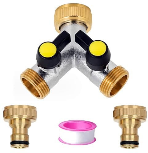 2 Way Hose Manifold Splitter Brass Garden Outside Tap Splitter,3/4 Tap Adapter Hose Pipe Tap Splitter Outdoor,Dual tap Connection 2 Ports with On/Off Valve with 2 * 3/4 inch Quick Connector