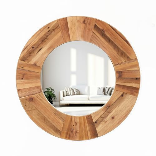 PJCOLL PJ Collection Wandspiegel aus massivem Altholz, Wandspiegel, schwimmender Wandspiegel, handgefertigter Wandspiegel, rund, 60 x 60 cm