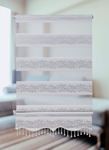 PlisseeOnline Doppelrollo Klemmfix ohne Bohren Weiß Silber mit Muster und Perlen Duo Rollo für Fenster und Türen Plissee Rollo Gardine 140 x 150 cm Blickdicht Klemmrollo mit Perlen Seitenzugrollo
