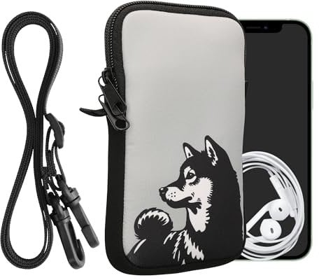 kwmobile Handytasche für Smartphones L - 6,5 - Neopren Handy Hülle Schwarz Weiß Grau - Handy Tasche mit Kette 16,5 x 8,9 cm Innenmaße - Shiba Hund