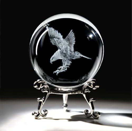 QIANCHANG 3D-Gravierte Adler-Kristallkugel mit Ständer, lasergravierte Glasadler-Figur, Schnitzerei, Kristallkugel, Briefbeschwerer (6,1 cm)