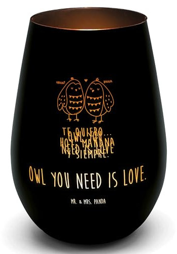 Mr. & Mrs. Panda Gold Windlicht Eulen Liebe - Geschenk, Graviertes Windlicht, Teelicht, Teelicht aus Glas, Eule Deko, Windlicht aus Glas, All You